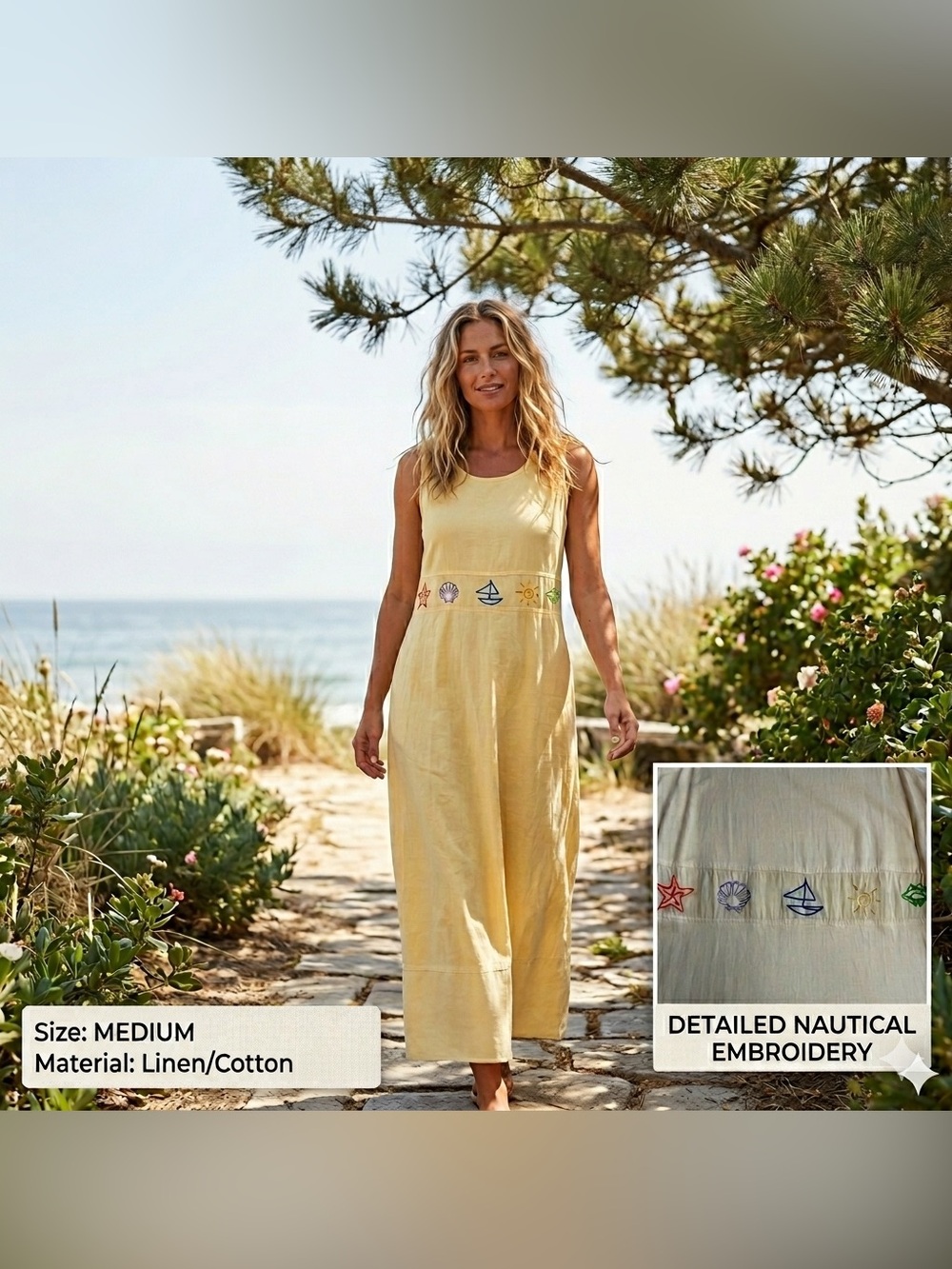 Yellow beach resort summer Embroidered Linen-Cotton Dress